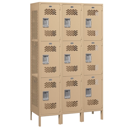 Salsbury Industries Wardrobe Locker, 45" W, 18" D, 78" H, (3) Wide, (9) Openings, Tan 83368TN-U
